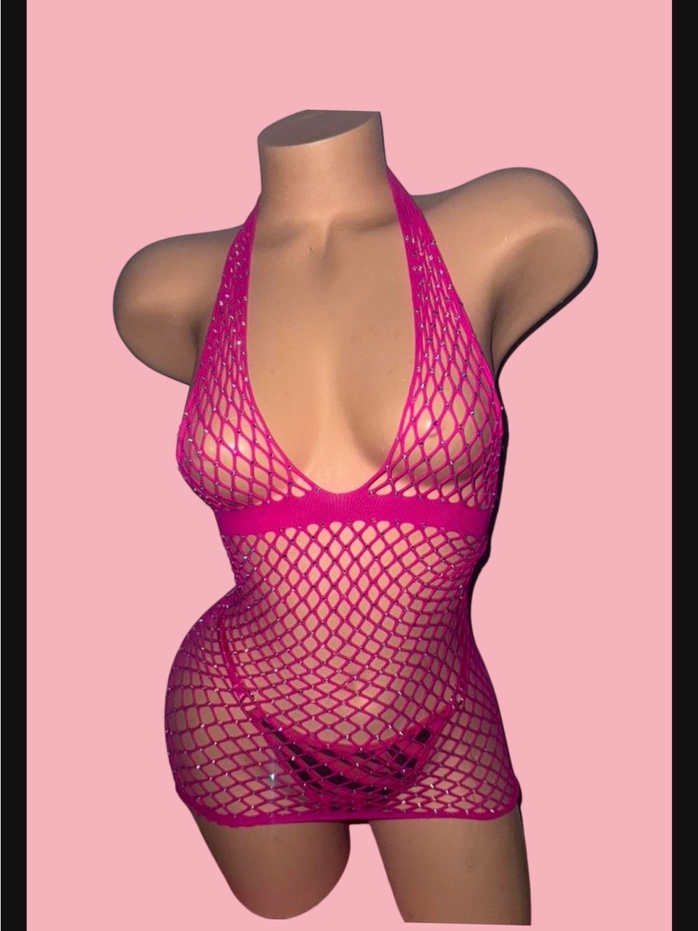 Hot Pink Fishnet Halter Mini Dress